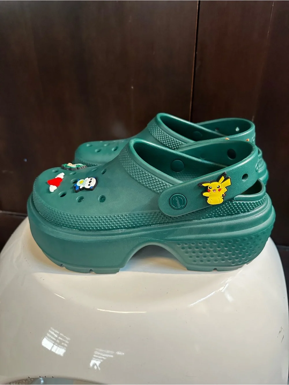 CROCS Platform Clog in Dark Green with Charms